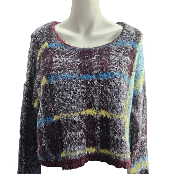 Free People Emerson Crop Colorful Madras Plaid Boho Fuzzy Sweater Sz Medium - Picture 1 of 7
